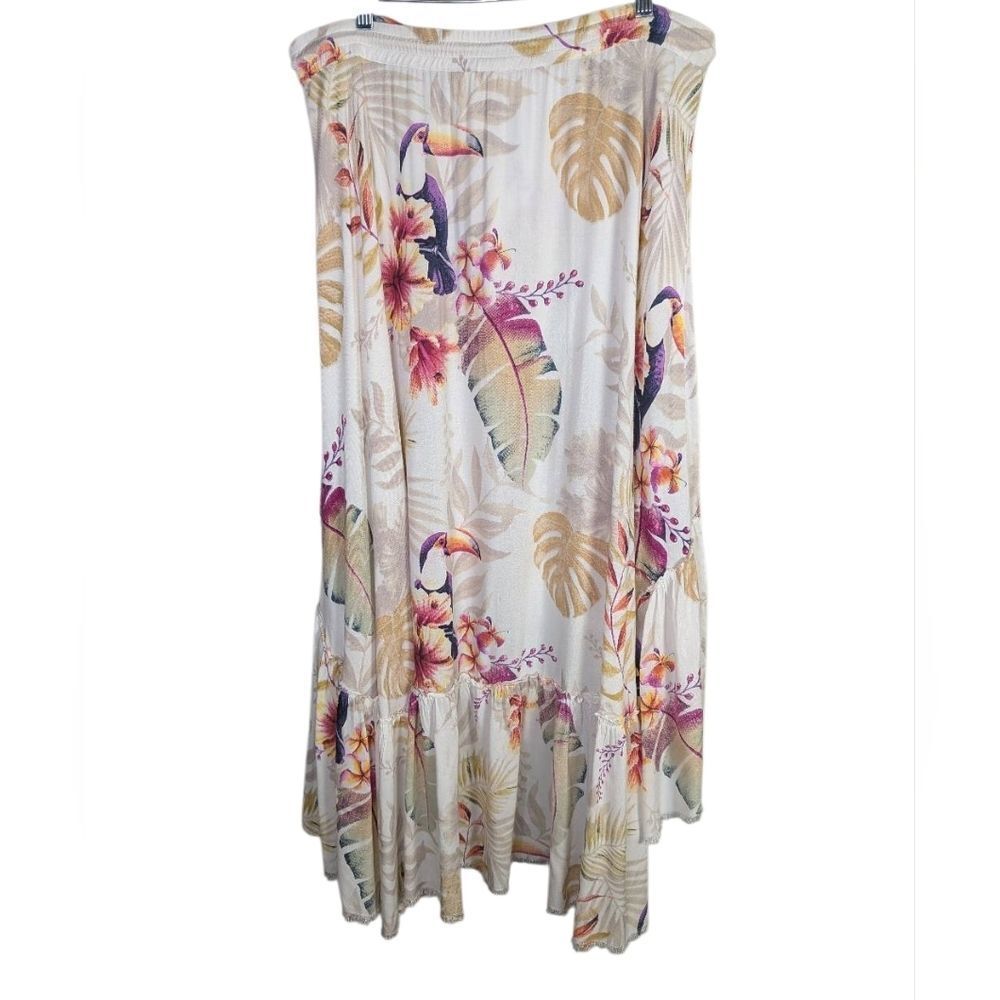 Z & L Cream Multi Tropical Leaf Floral Toucan Bird Tassel Hi-Lo Skirt Womens M - Picture 3 of 9